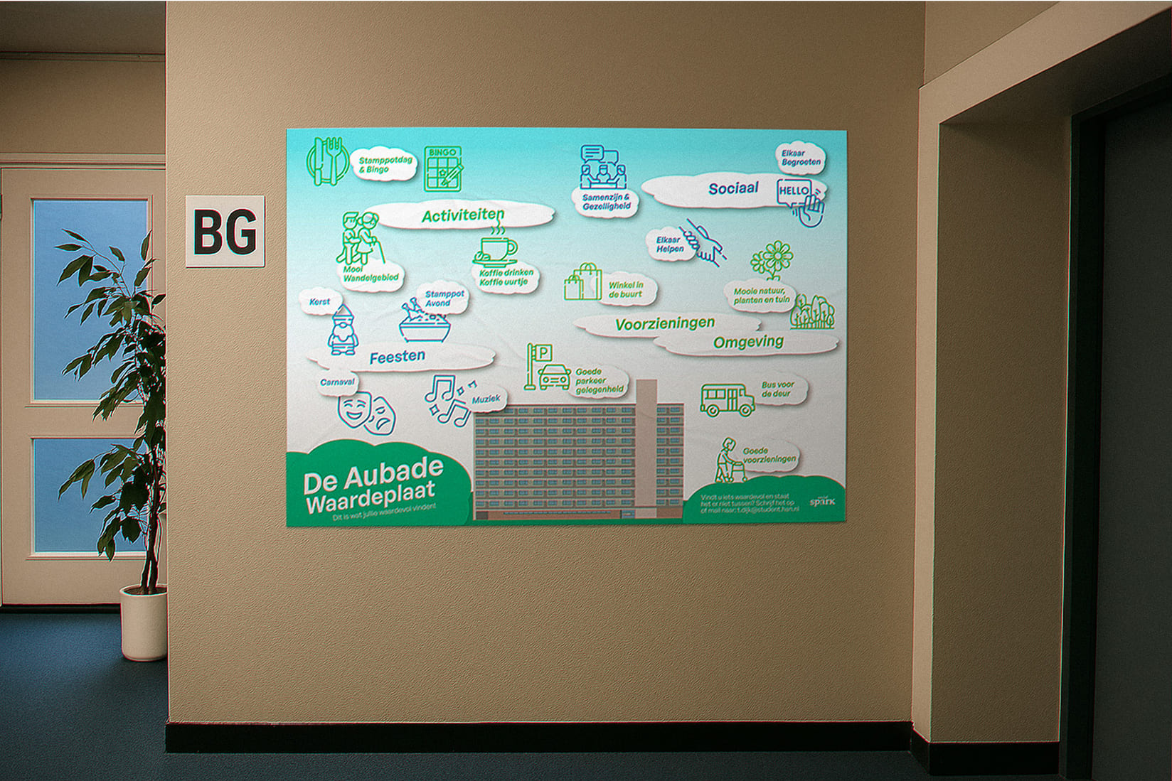 De Aubade Waardeplaat — Neighbourhood Value Map displayed in the building entrance